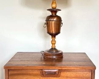 MCM Nightstand with Copper and Wood Base Lamp
