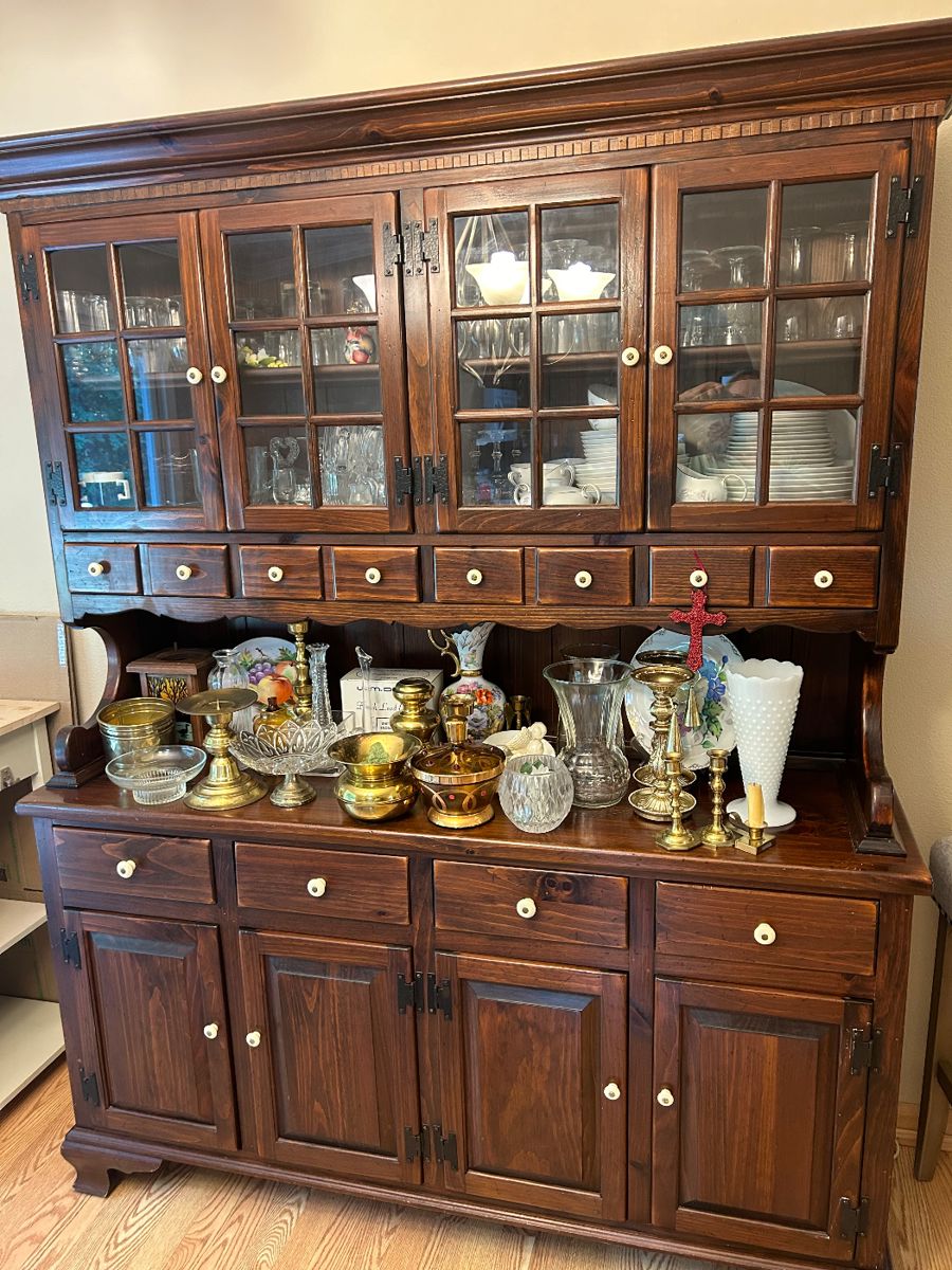 Large china hutch filled with great set of dishes & many more collectibles