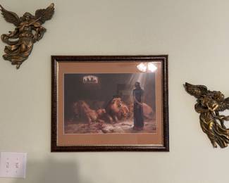Picture and set of two brass angels