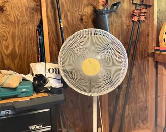 Outside storage building - Fan & “Hyper Tough  standing tool box with wheels 