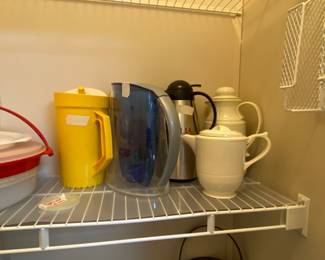 Tupperware vintage pop top lid pitcher, insulated pitcher, aluminum coffee server, tall glass pitcher & shorter glass pitcher