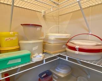 Vintage Tupperware includes measuring mixer bowl with lid, pie carrier, in white & red, in yellow cake carrier and more!