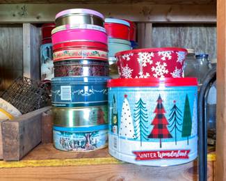 Outside storage building - Christmas tins & more