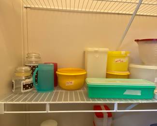 Christmas candle jars, insulated (to freeze) mugs, small yellow bowl with no lid, bread saver with lid, yellow containers with lids