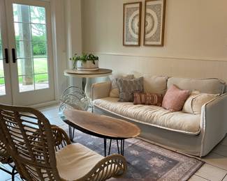 Sixpenny Sofa, Pier One Side Table. 