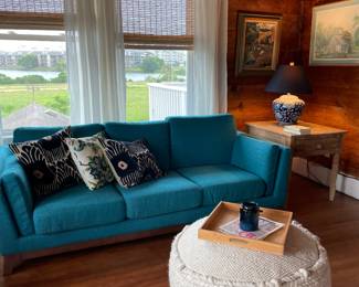 Blue Sofa, white Ottoman, End Table