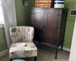 Entertainment Center,  Arm Chair, Blue Yarn Ottomon 
