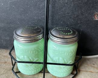 Jadeite Salt and Pepper Shakers with Carrier