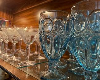 Gorgeous stemware including blue Fostoria. 
