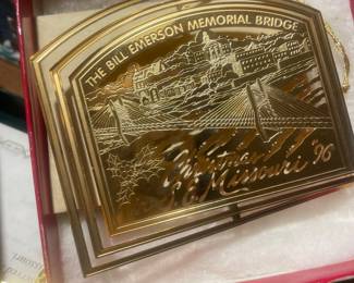 Vintage gold ornaments depicting scenes from southeast Missouri. 