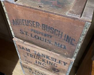 Vintage crates from Budweiser, Coors and Sam Tanksley Truckimg. 