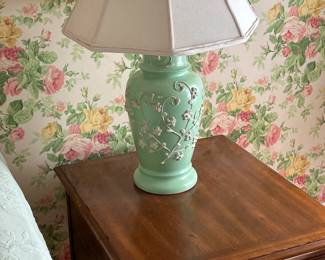 Side Table, 23.5" W x 27" D x 25" H,  Pair of Mint Green Lamps, 19" Dia x 29" H