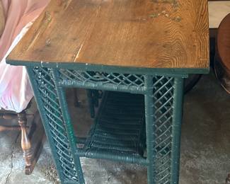 Green Wicker Side Table with Rustic Wood Top $65