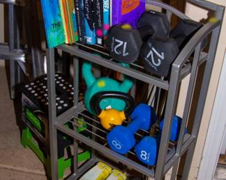 Assortment of weights and books