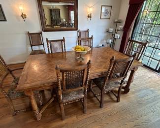 Vintage Jacobean Style Dining Table with Extensions and 8 Cane Chairs