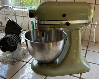 Vintage Avocado Green KitchenAid Stand Mixer with 2 bowls and a variety of attachments 