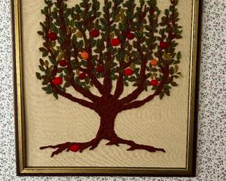 Vintage 1960s - 1970s Embroidered Apple Tree Framed Art