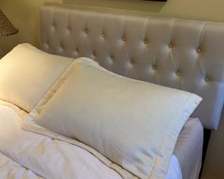 Tufted queen head board with permanent matching fabric bed skirt  and mattress 