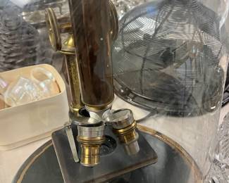 Vintage microscope in glass dome 