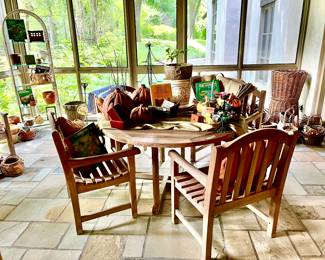 PATIO AREA.  TEAK PATIO TABLE AND CHAIRS.