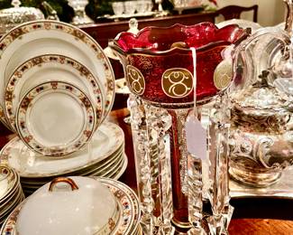 PAIR OF RUBY MANTLE LUSTERS WITH BEAUTIFUL PRISMS.