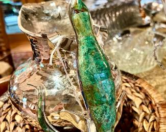 EMILIA CASTILLO SILVER PLATE WATER PITCHER WITH TURQUOISE LIZARD HANDLE.  NEIMAN'S.  AMAZING!