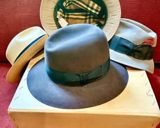 LOTS OF FINE HATS BURBERRY, DOBBS AND IRISH WOOL CAPS.