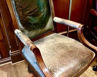 LEATHER STUDDED LIBRARY SWIVEL ARM CHAIR.