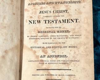 1826 RARE 1st Edition The Sacred Writings of the Apostles and Evangelists of Jesus Christ, Commonly Styled the New Testament, printed and published by Alexander Campbell 