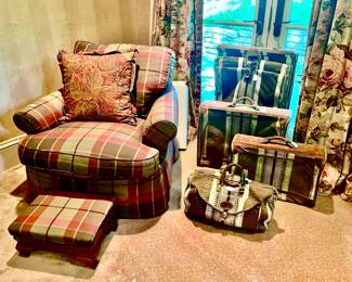 PLAID CLUB CHAIR AND FOOTSTOOL.  VINTAGE LUGGAGE.