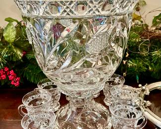 LOVELY CRYSTAL PUNCH BOWL ON STAND.  UNUSUAL SHAPE.