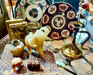 ANTIQUE JAPANESE IMARI PLATES, BRASS, SOAPSTONE.