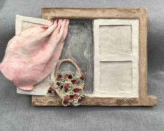 Small wall art decor of open window, signed Gallagher