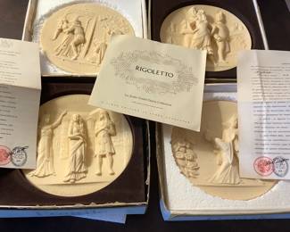 Alabaster plates in boxes, from Italy, Opera theme