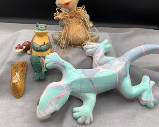 Frogs, painted wood owl, gecko, fishing turtle