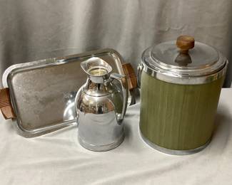 MCM Kromex Ice Bucket, Landers, Frary & Clark Carafe pitcher, MCM serving tray