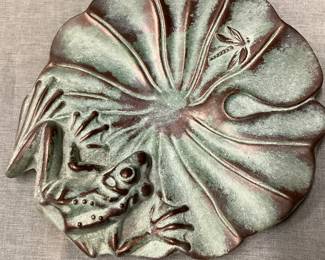 Frog on lily pad ceramic dish, signed, bronze verde patina