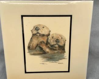 J. Sawitz Sea Otters painted ceramic tile, signed