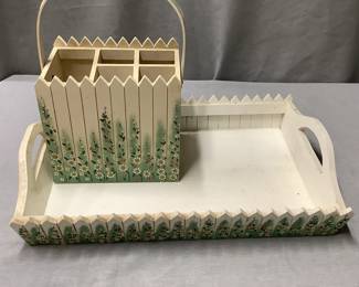 Wooden garden theme painted tray and caddy