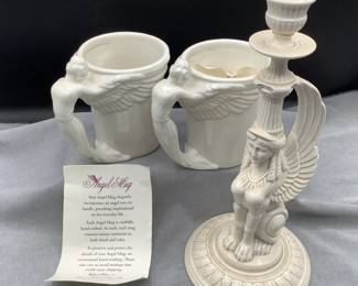 Fitz and Floyd Egyptian Revival Sphynx and signed artisan mugs