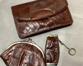Eel skin wallet, coin purse and keyring