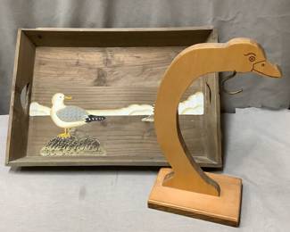 Wood duck banana holder and painted shorebird wood tray