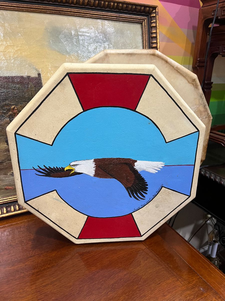 Taos Native American drum painted by Frank Rain Leaf