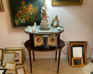 Home Decor, Antique Two-Tiered Table and Miscellaneous Picture Frames