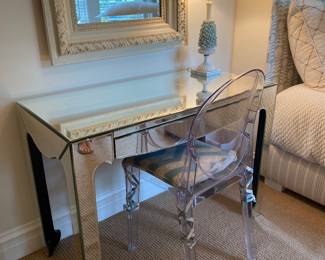 Mirrored Desk 40 x 19.5 x 29 ghost chair lamp 10 x 26.6