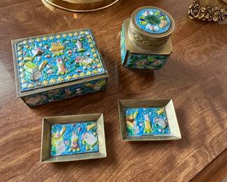 1900 to 1940 Chinese enameled cigarette case ashtray and match holder