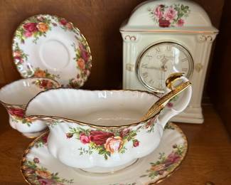 Royal Albert, “Old Country Rose” China, gravy boat, Clock, cup & saucer, Made in England