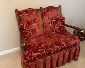 A 1940s to 50s Maple loveseat in a crushed velvet reupholster fabric