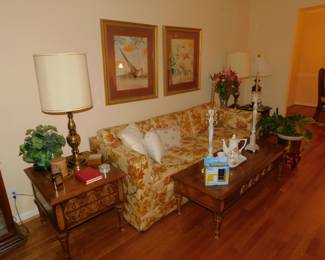 Vintage Brutalist End Tables, Vintage Couch,  Burtalist Coffee Table, Stiffle Brass Lamps