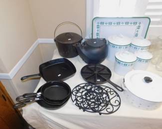 Cast Iron Pans, Kettle, And Covered Pot- Ralph Louren Enamelware